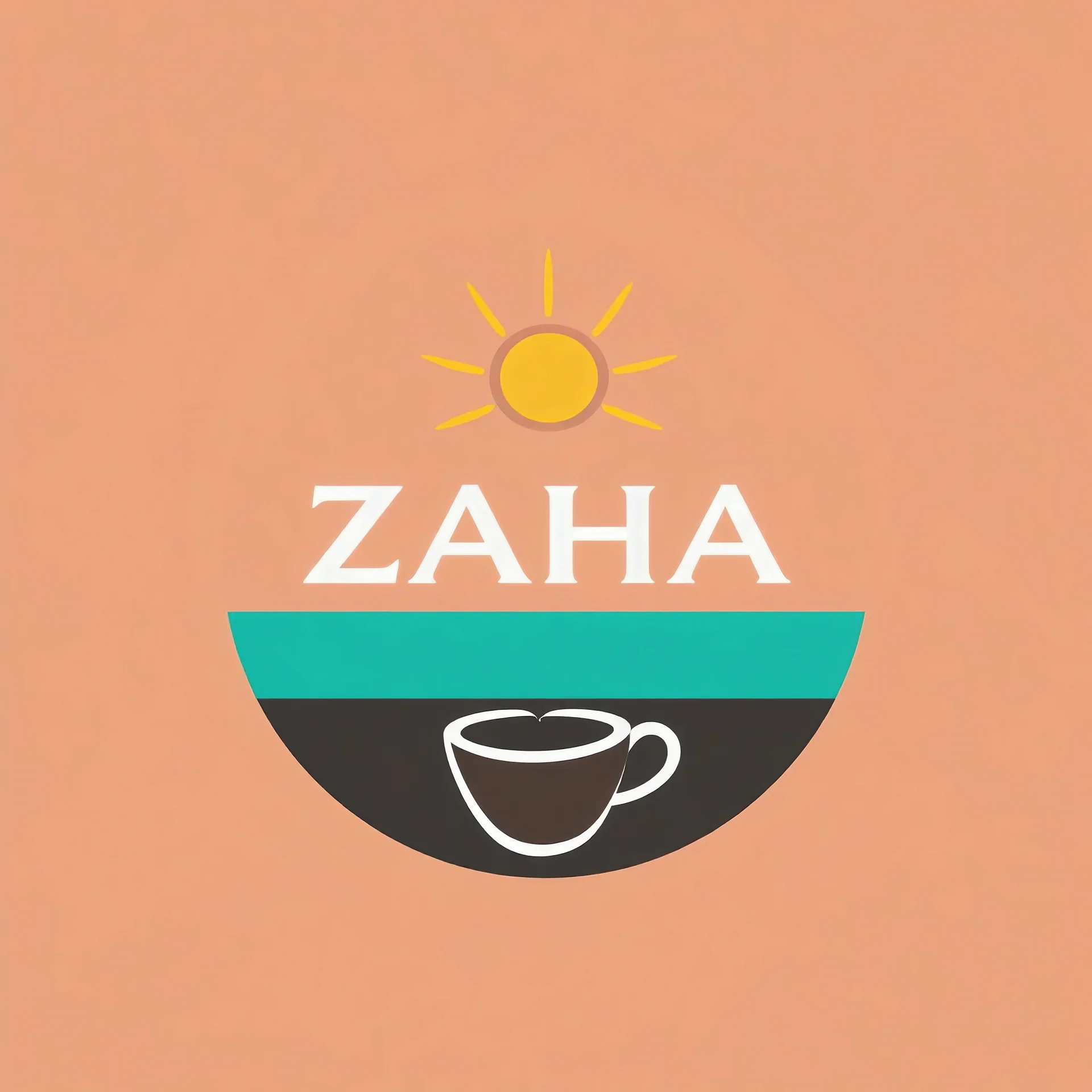 A circular logo with the name (ZAHA) designed for a modern cafe with the sun symbol and turquoise and indigo colors and a combination of a coffee bean and a coffee cup at the bottom of the logo.