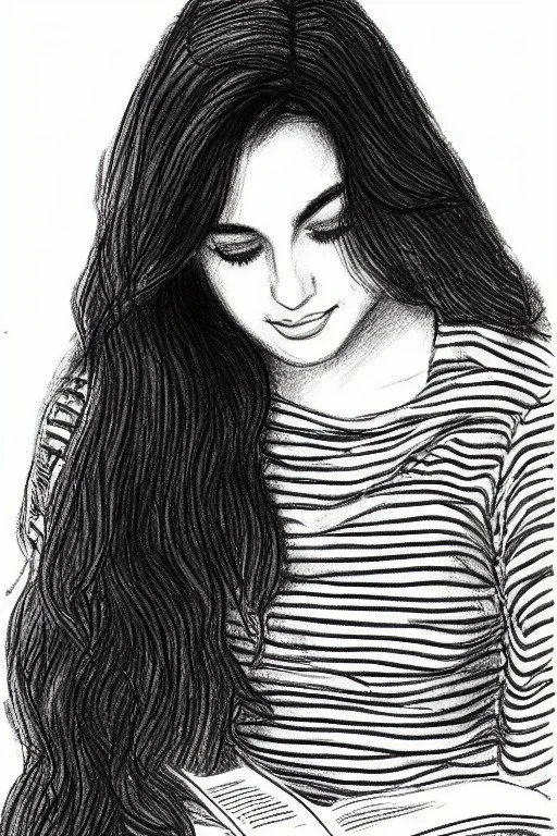 Pencil sketch of Young woman, Arab features,sad, long wavy hair, reading a book, full body، on lined paper