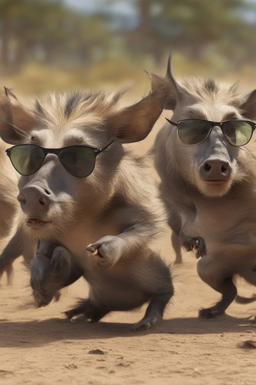 Close-up animation of a mischievous group of wild warthogs wearing sunglasses and attempting to breakdance in a comical fashion.