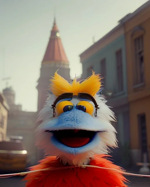 hybrid character, Sesame Street muppet head with body man, police dress, Wes Anderson style, concept art, smooth, unreal engine 5, god lights, ray tracing, RTX, lumen lighting, ultra detail, volumetric lighting, 3d.