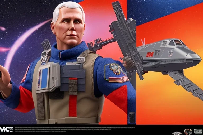 Mike Pence G.I. Joe toy Doll With a gun and Space force uniform inside blister packaging hanging on a Wallrack in toystore, fluorescent, wide angle shot whole body, black boots, Laser, Thumbs up, pricetag, Jetpack,fullsize