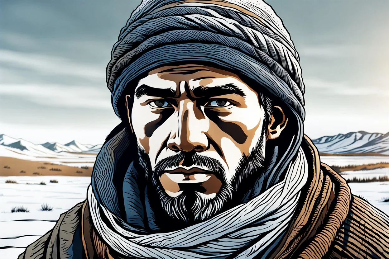 create a front facing, portrait illustration of an young, otherworldly lost Siberian nomadic wanderer with highly detailed, sharply lined and deeply weathered facial features in a desolate tundra steppe landscape ,precisely drawn, finely lined and inked in natural winter tundra colors, hyper realistic, 8k, 3d render