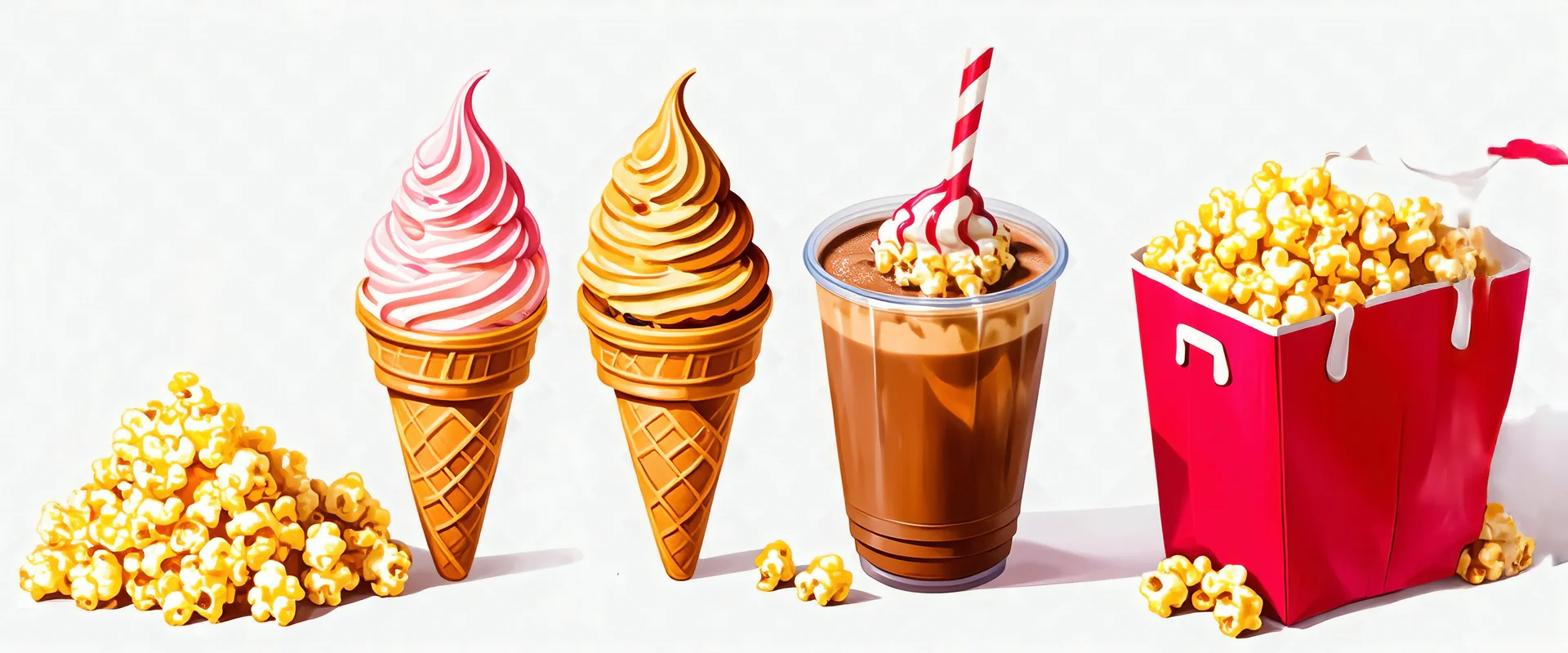 ice cream cones, sundaes, bag of popcorn, iced coffee drink. digital painting on white