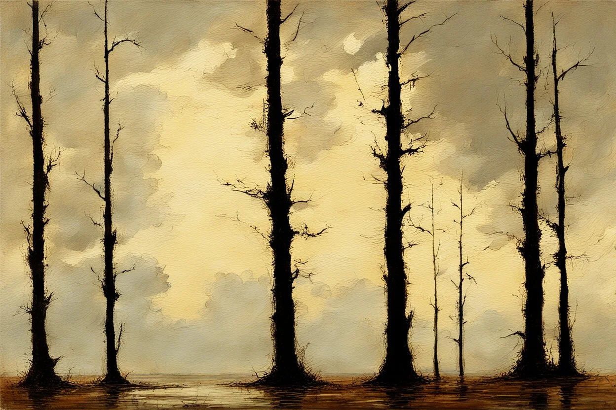 Trees, clouds, 2000's gothic films influence, otto pippel, willem maris and friedrich eckenfelder impressionism painting