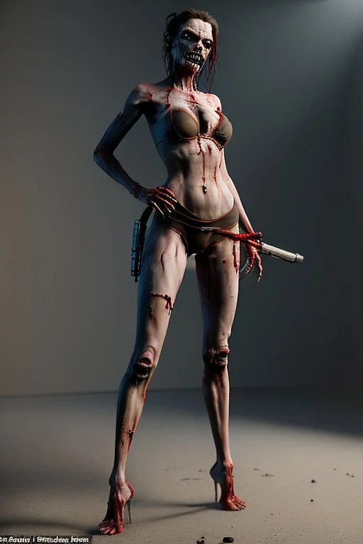 12k ultra-high-definition rendering of a zombie model in a photo studio ,The zombie, adorned in a red ripped tight dress, ripped sideways from top to bottom, long slit, shoes are fashionable platforms, big gun on side thigh, exudes a sinister aura under the studio's dark and mysterious lighting