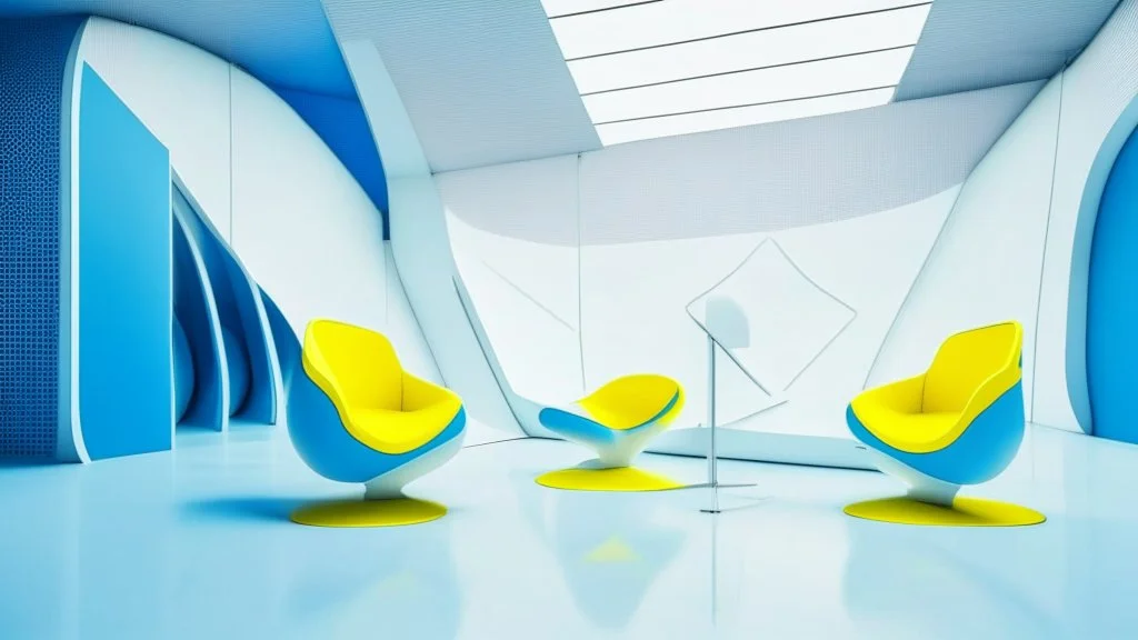 Futuristic interior space with sleek stainless steel mesh and white concrete inclined walls, blue floors, figure seated on vibrant yellow chairs