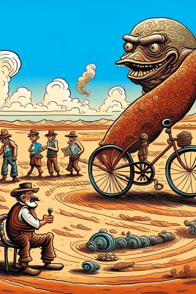 giant old bicycle with pepe on the top smoking in the desert with small people around n the style of Hiroshi Nagai