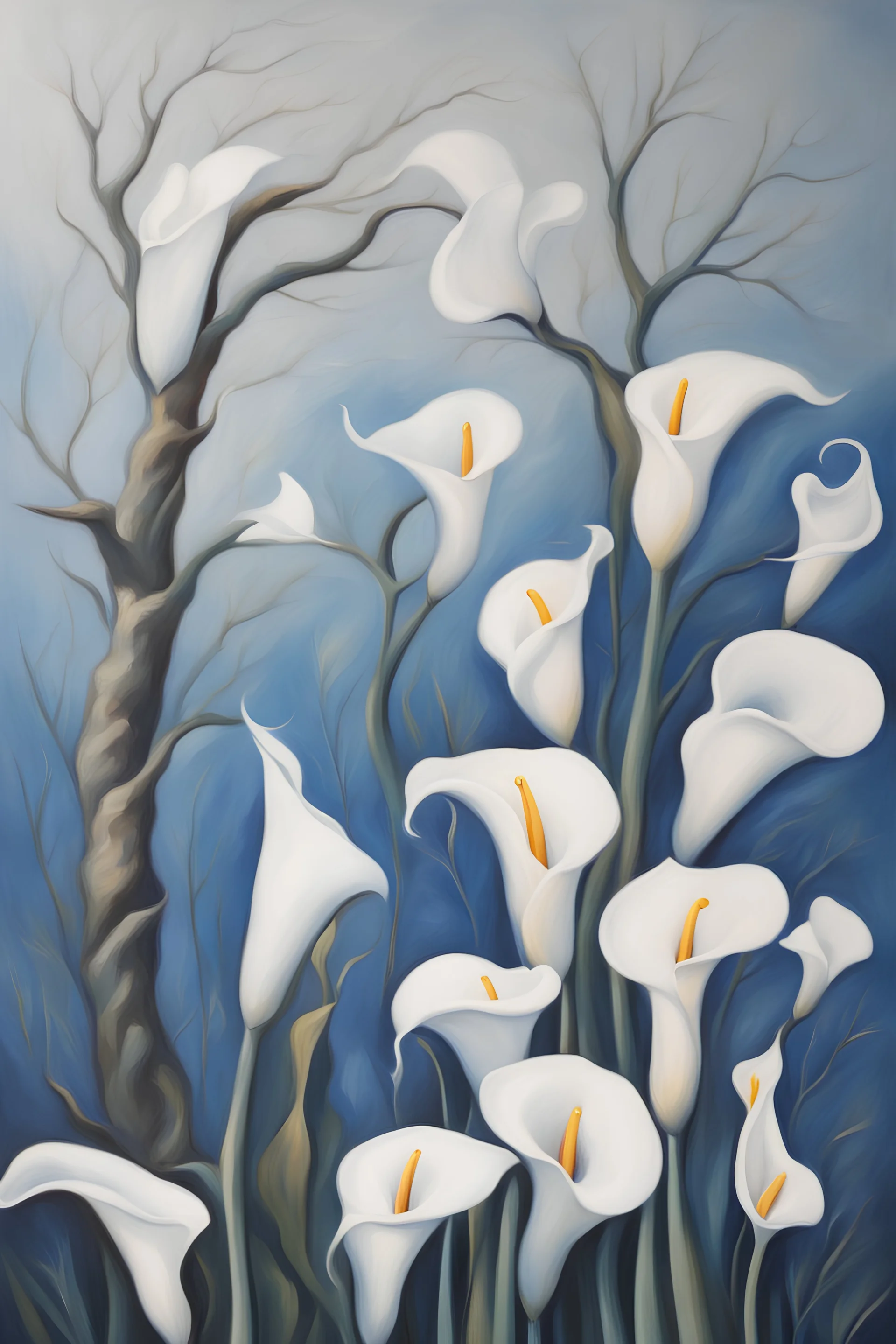 oil painting tree white callas and blue color