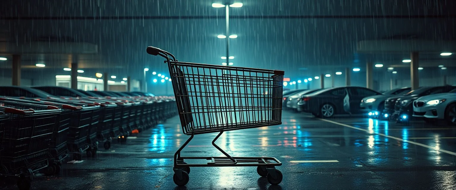 A cinematic close-up of an old, rusty supermarket shopping cart standing alone under a flickering parking lot lamp in heavy rain. It has an almost sinister presence. In the background, dozens of abandoned shopping carts slowly roll toward the viewer like a silent army. The parking lot is empty except for overturned cars, scattered groceries, and flashing blue emergency lights. Dark Scandinavian thriller aesthetic, realistic textures, moody atmosphere, epic Hollywood movie poster, bold distressed