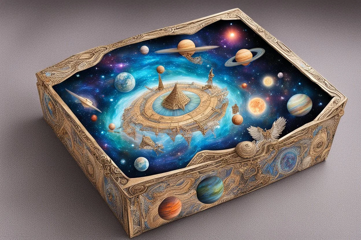 a box for storing things with beautiful drawings a lot of colours, very detailed, angels, minerals, planets space, galaxies, pyramids on a planet