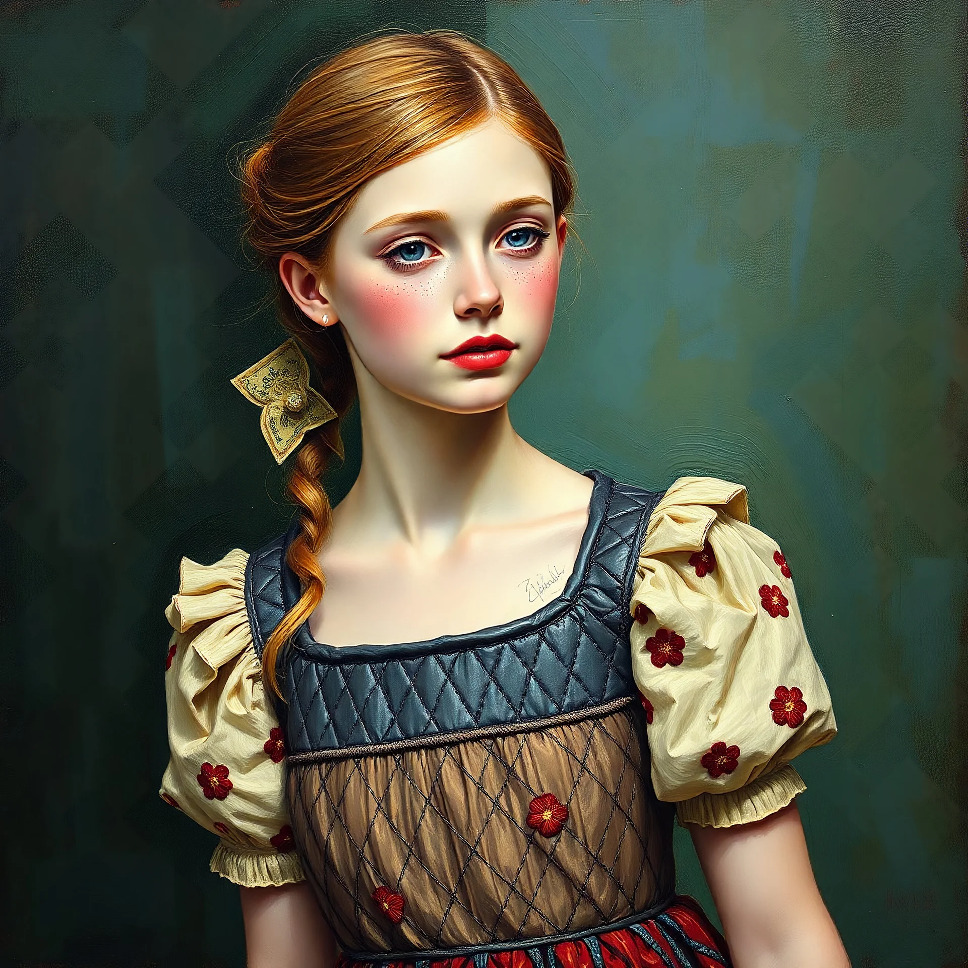 Quilted dress, beautiful lily cole with rosy cheeks and freckles, oil painting