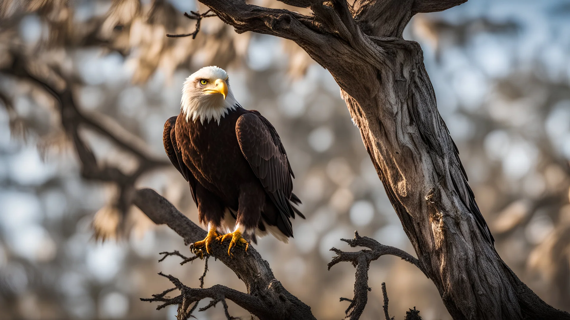 Eagle on tree, details, side lighting, blurred background