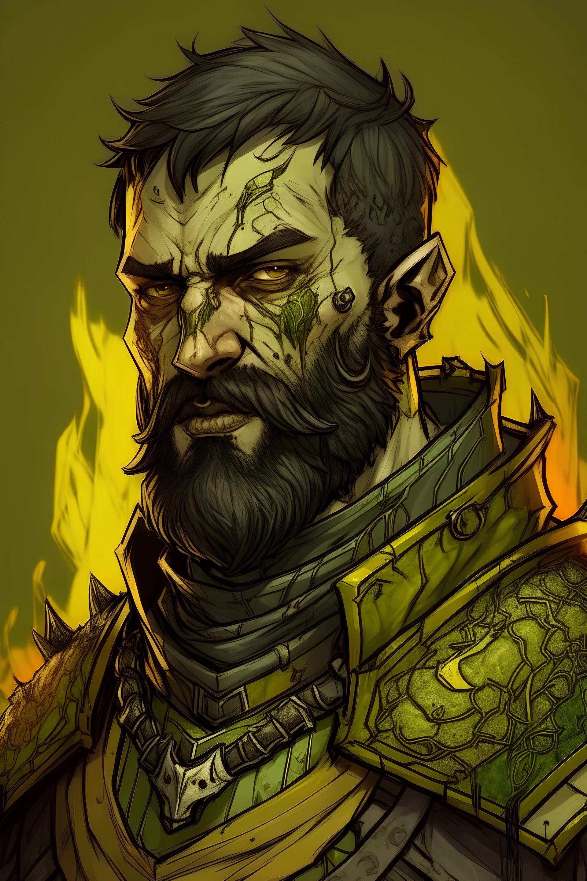 a fantasy zombie soldier. dark short hair, short beard. paladin armour, color green gold and yellow. missing part of cheek from rot. drawing.