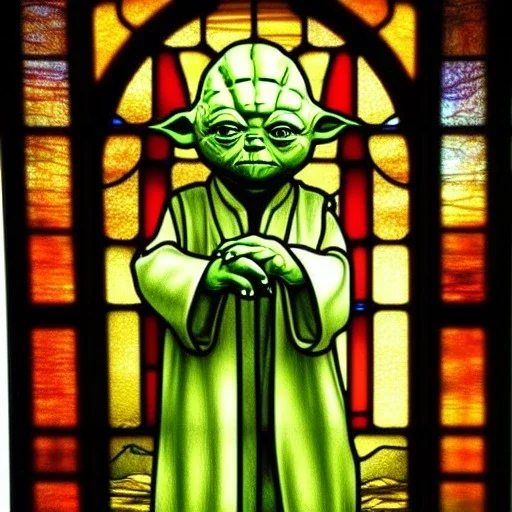  yoda with stained glass window effect, highly detailed, intricate, warm colors, stained glass window, glossy from rain, warm lighting, dramatic lighting