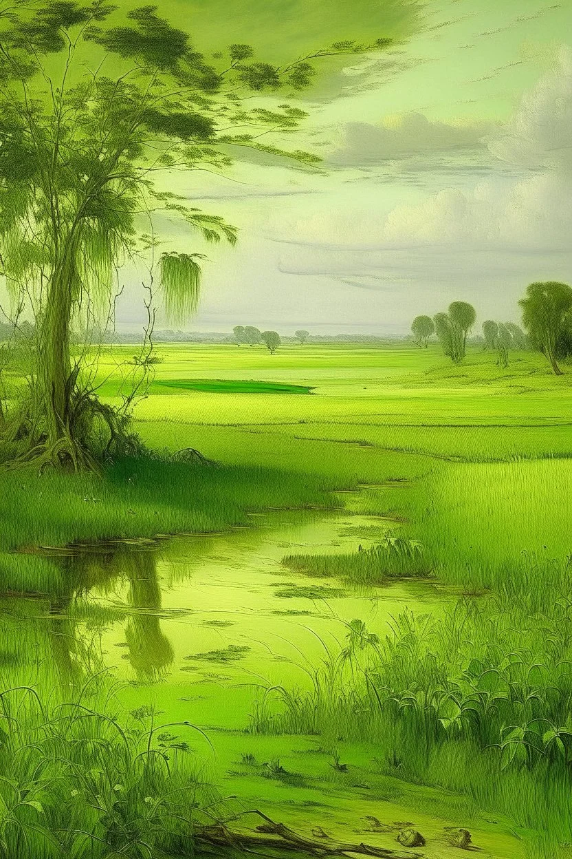A lime green wetland near a savanna painted by Albrecht Durer