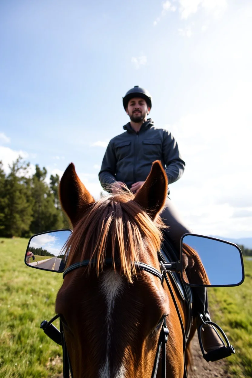 A man on horseback, top view, two car side mirrors are fixed on the horse sides