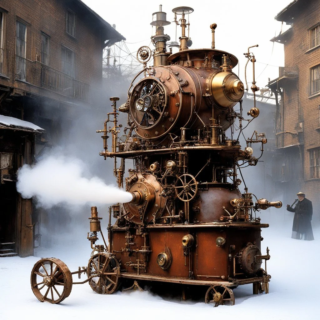 [photo by Ralph Steadman] Behold the fantastical creation of Professor Blockhead, a steam-powered contraption whirring and clicking with fervor. The eccentric inventor gazes upon his invention with theatrical awe, frozen in perpetual amazement. Copper pipes gleam, brass gears sputter, and steam hisses, adding a mystical air to the scene. In the style of Jules Verne, the spectacle captures the essence of boundless imagination and audacious brilliance. The contraption embodies the chaotic energy o