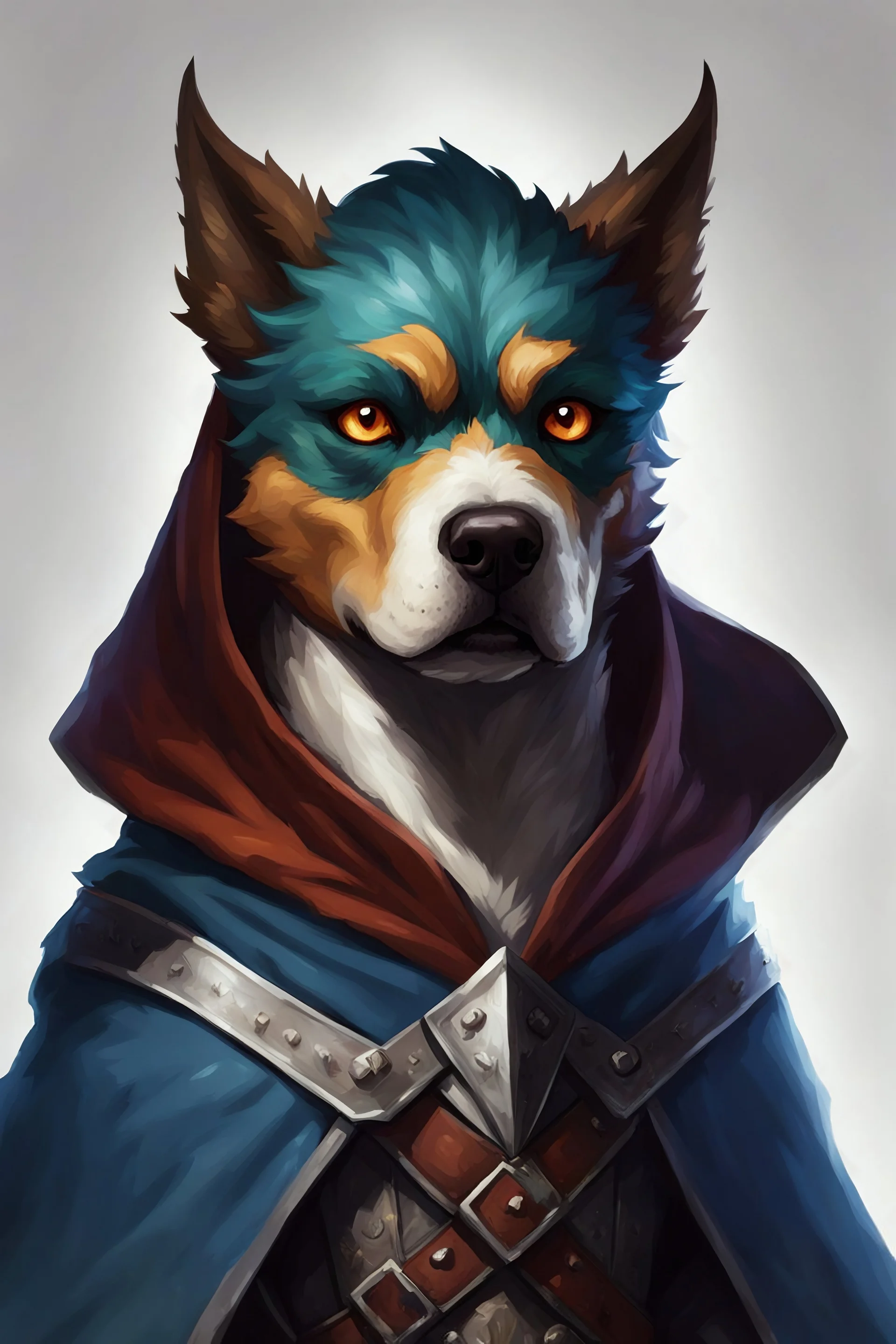 Generate a dungeons and dragons character portrait of the face of a male half dragon dog wearing a cloak that covers his face.