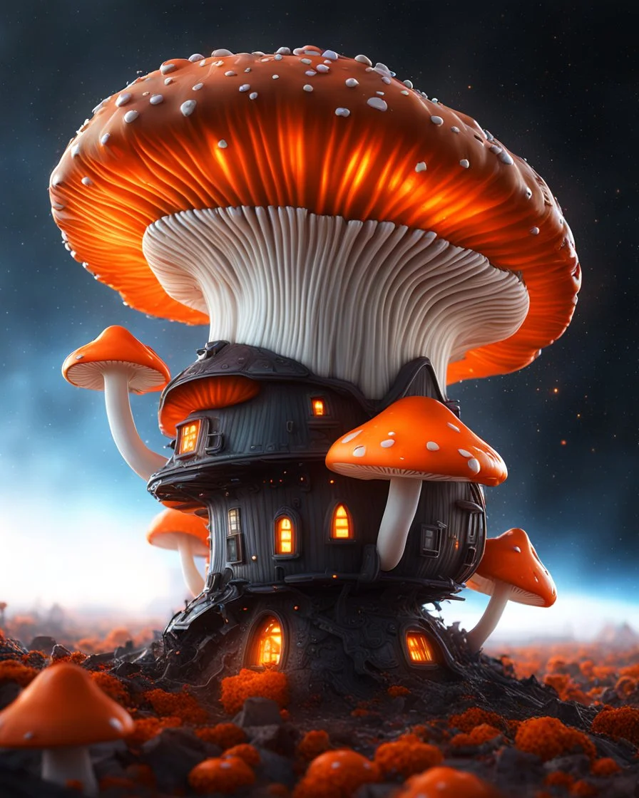 singular weird floating mushroom house in space. platinum, white, and tangerine tetradic colors , Dark cosmic galactic interstellar. Detailed Matte Painting, deep color, fantastical, intricate detail, splash screen, hyperdetailed, insane depth, concept art, 8k resolution, trending on Artstation, Unreal Engine 5, color depth, backlit, splash art, dramatic, High Quality Whimsical Fun Imaginative unusual, good composition