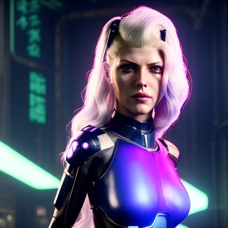 Actress, young Katheryn Winnick, android woman, glow eyes, circuits in face, glow painted face, shaved hair, ghost in the shell, leather coat, elastic bodysuit, cyber punk, neon ambient, army, bamboo, blood, portrait, gradient background, unreal engine 5, soft color, 16 bit, god lights, ray tracing, RTX, lumen lighting, ultra deatail, volumetric lighting, 3d, finely drawn, hd.