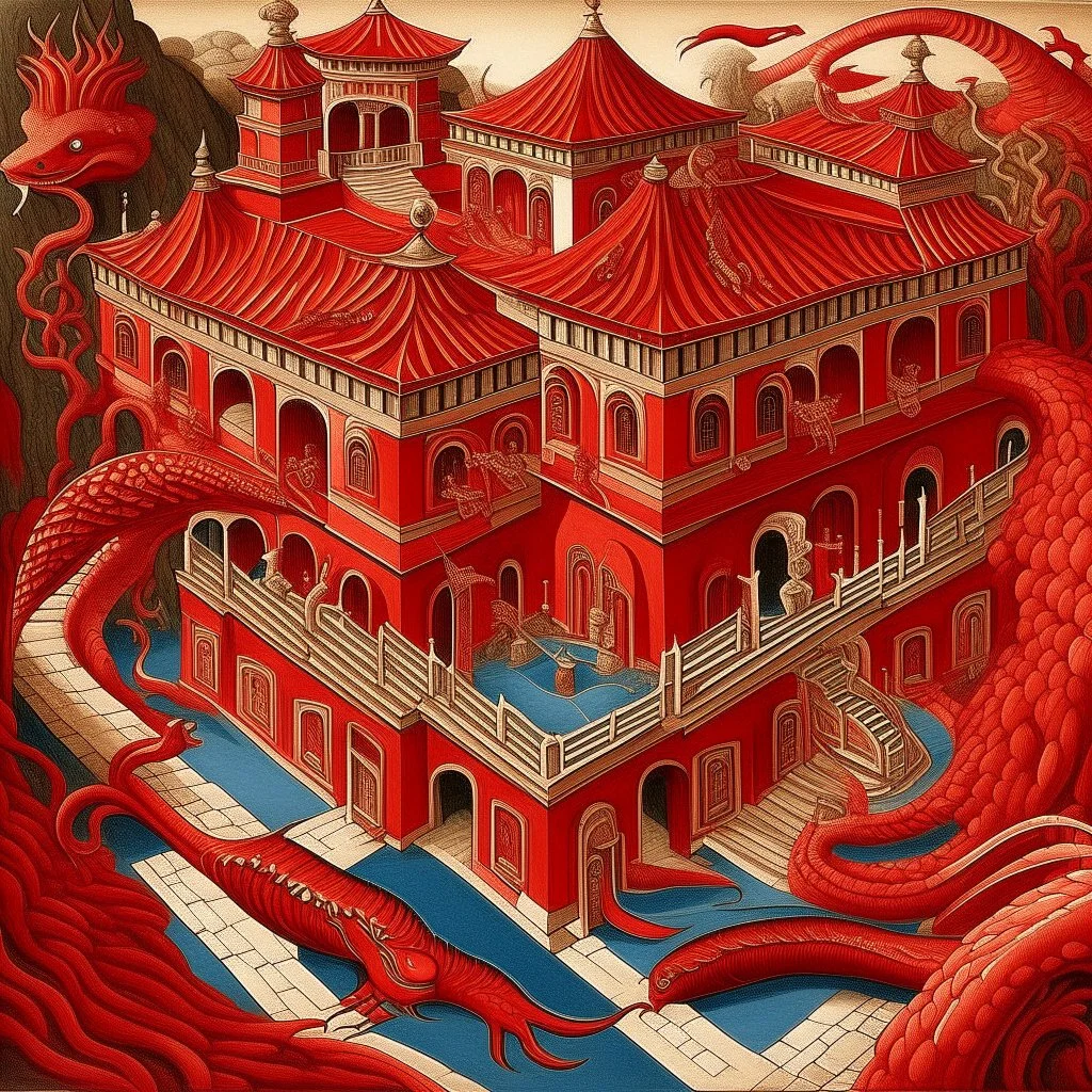 A red palace with pepper dragons painted by MC Escher