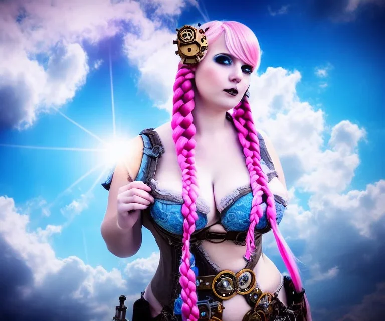 Very sensual gorgeous curvy young white woman pink hair maiden dressed in blue posing sensually with plaits, and with a skull in her hand, background of ancient marble Roman arcs heavenly sunshine beams divine bright soft focus holy in the clouds steampunk engine steampunk engine.