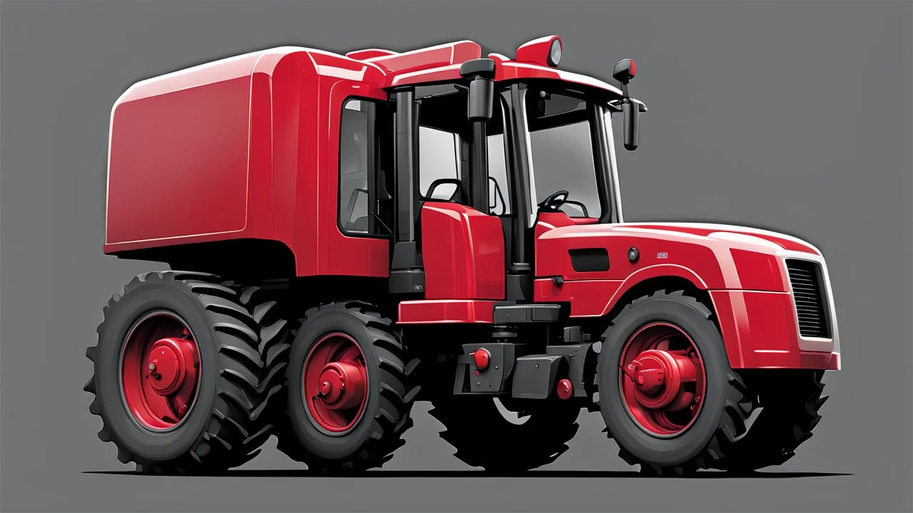 side of a modern closed cab tractor(red) with black wheels, digital illustration