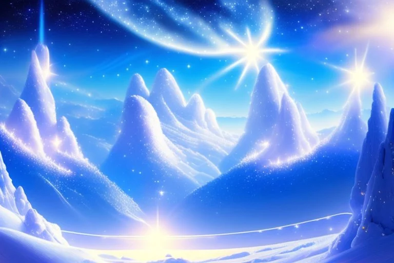 white spaceship with light in the below. the landscape is a fairy colourfull forest with snow sweety mountains. the sky is blu with stars and brightness beam