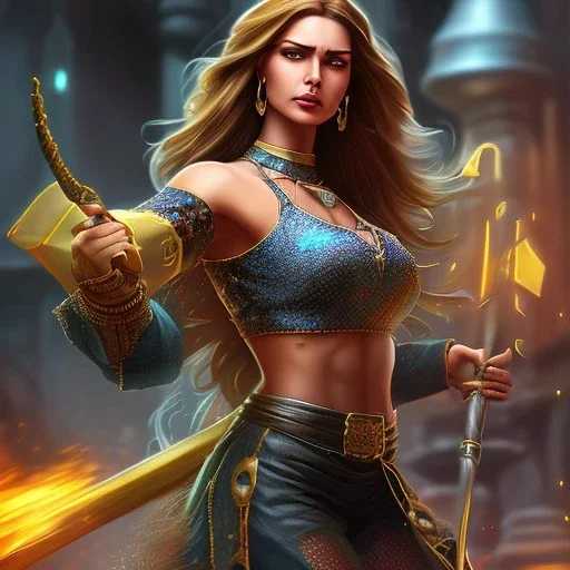 fantasy setting, heroic medieval fantasy, pirate, woman, dark skin, Indian, 20 years old, magician, warrior, hourglass body shape, bicolor hair, muscular, cinematic, insanely detailed, Arabian style, half-hawk, short hair, medieval