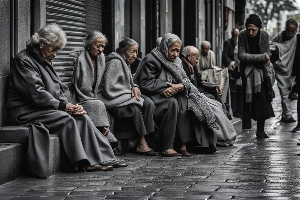 a crying woman sits with a sad face on the sidewalk on the street, people with blurred faces pass by a crying woman, a crowd of faceless gray pedestrians come and go, human backs, no one looks at the crying woman, dark colors and shades of gray, depressing, sad , a picture with a depressive mood, everything is gray, only the woman's dress is blue