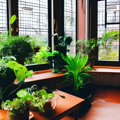  table lush house plants in pot looking out of a window to a crowded city with many textbooks on the table japan