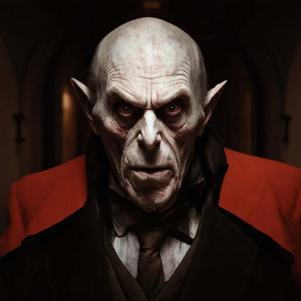 very grainy discolored modern photo, closeup portrait, dark ancient hall with no lights, grunge, extremely old male with chalk-white skin wearing a 1600's kamzol, threatening, imposing, nosferatu