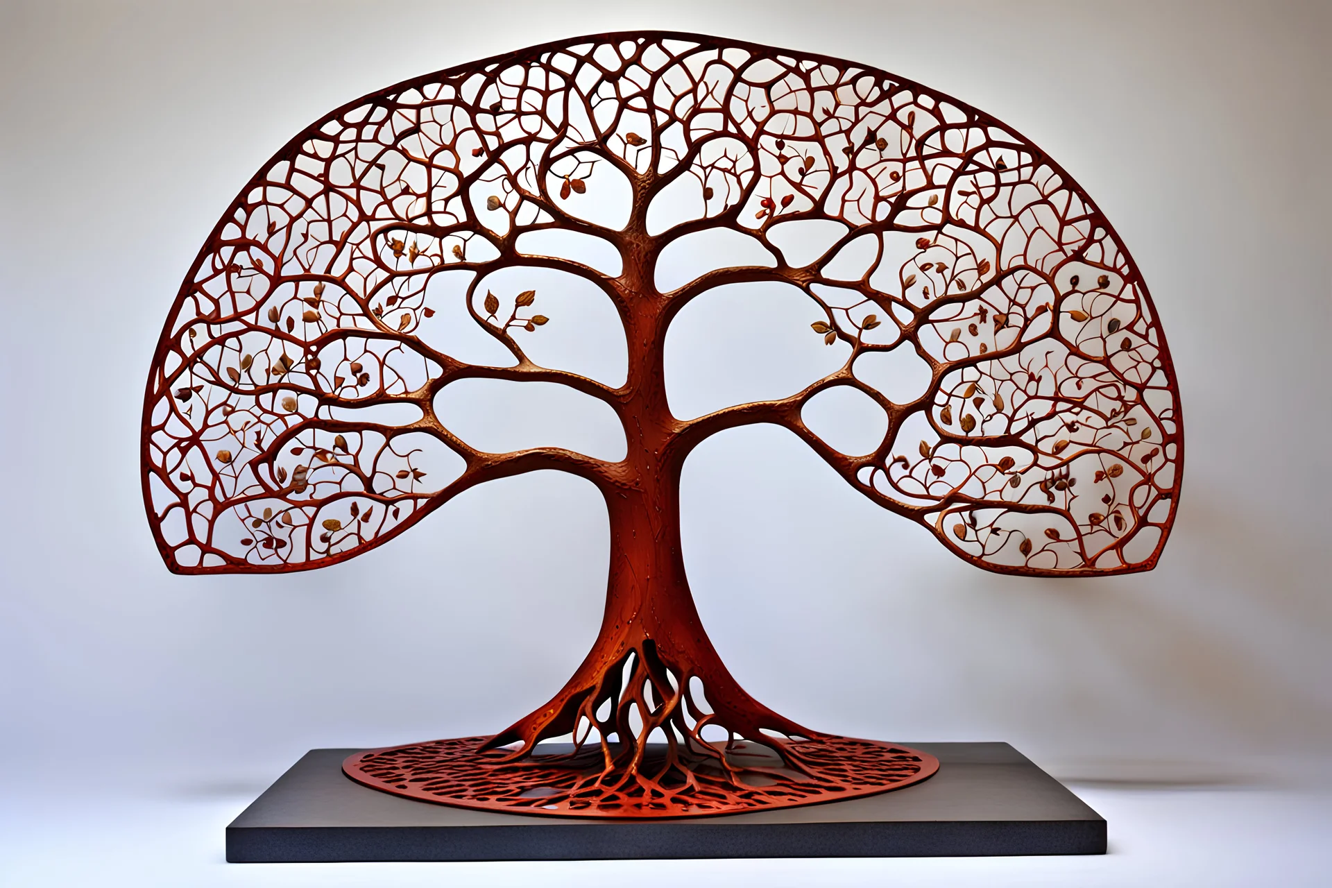 flat lace abstract sculpture representing an apple tree erected in a treeless meadow. the trunk and leaves are rusted unpainted iron the flat metal apples are enamelled red