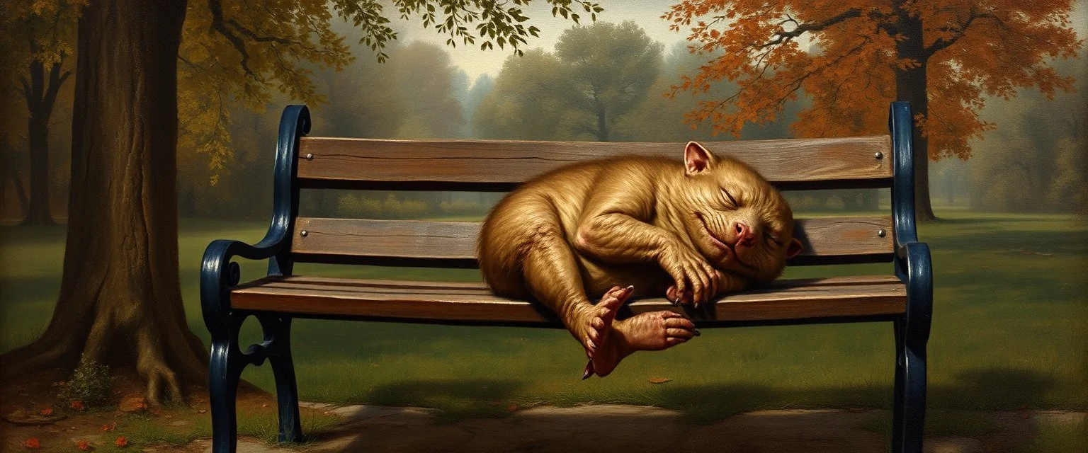 master oil painting by Rembrandt, fat kobold sleeping on a bench in the park