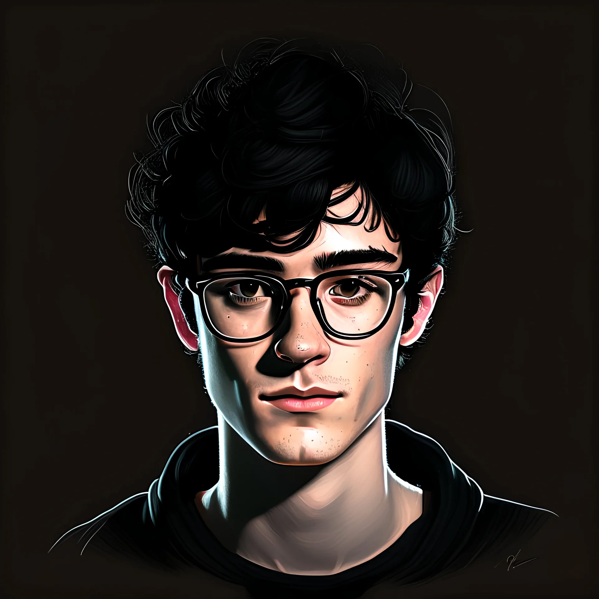 Illustration of a young man named Jack with with black hair and glasses, black background