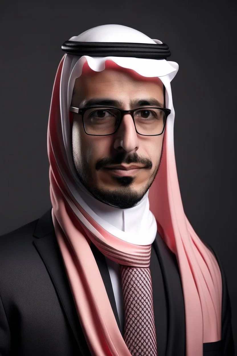 A Saudi lawyer in a light red shemagh with white stripes, a modern Saudi lawyer and a headband with a fair balance for the law firm.