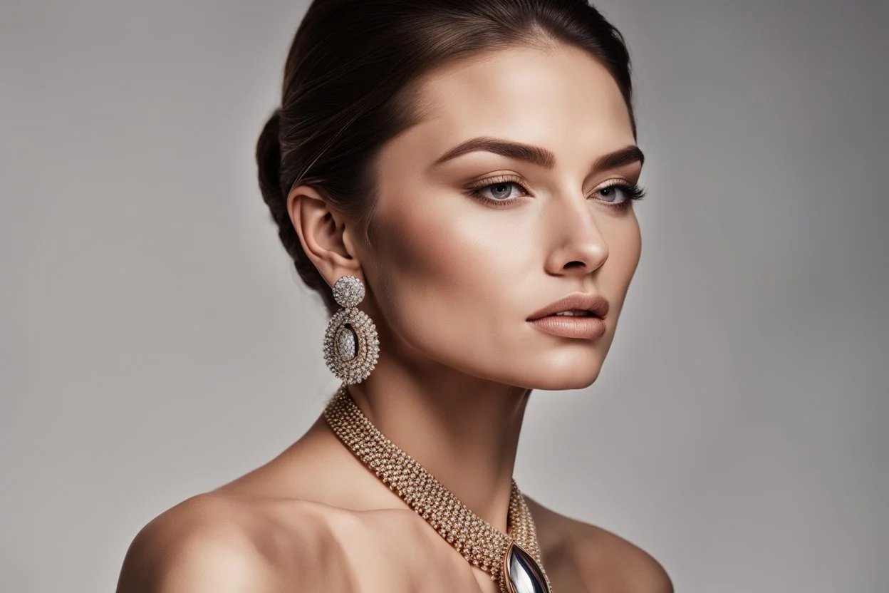 arafed image of a woman with a necklace and earrings, by Emma Andijewska, chaumet style, bvlgari jewelry, inspired by Emma Andijewska, zoomed in, chaumet, by Zahari Zograf, by Mathias Kollros, slicked-back hair, soft portrait shot 8 k, beauty campaign, close portrait