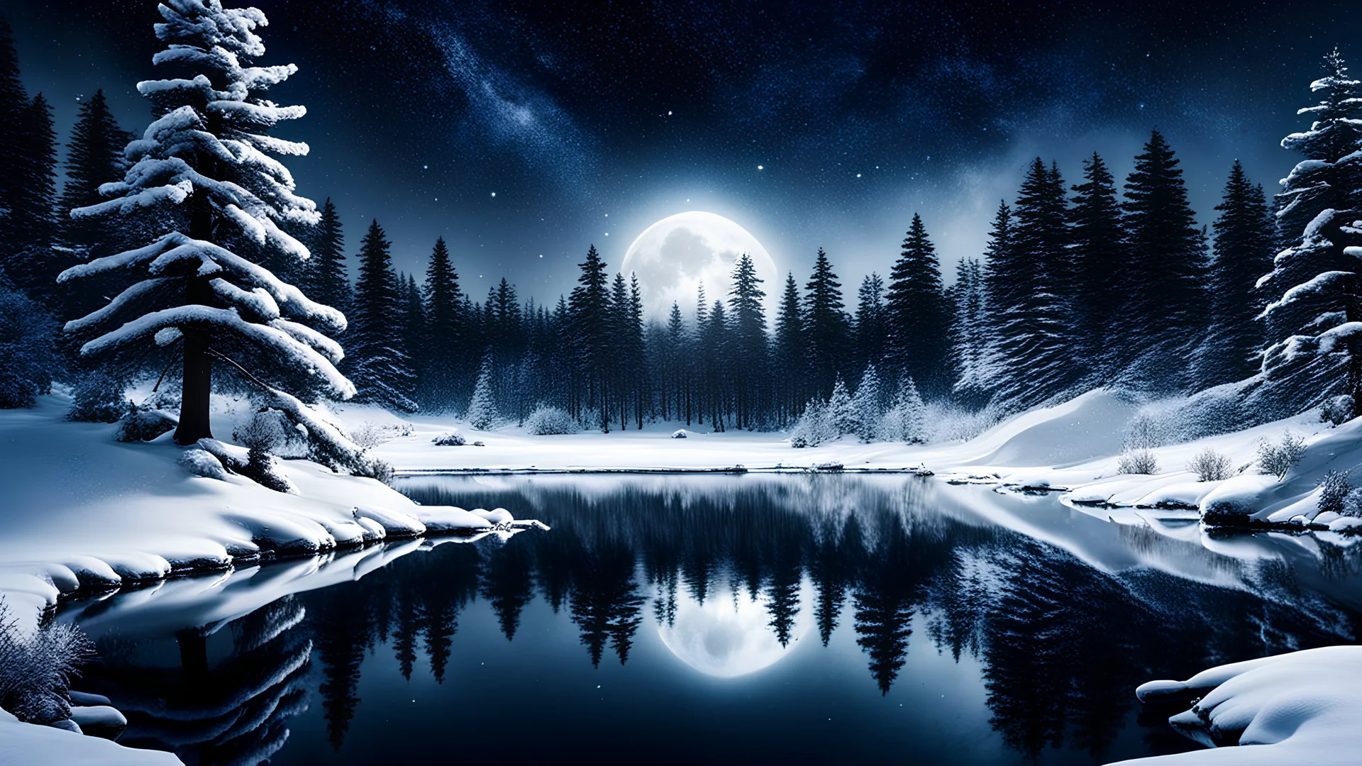 A mystical winter night scene; dark pine trees surround a snow-covered lake, reflecting the moonlight. Snowflakes twirl through the air, enchanting the serene winter forest.