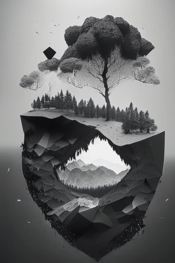 Beautiful landscape with trees, earth opens up and breaks down in black polygons.