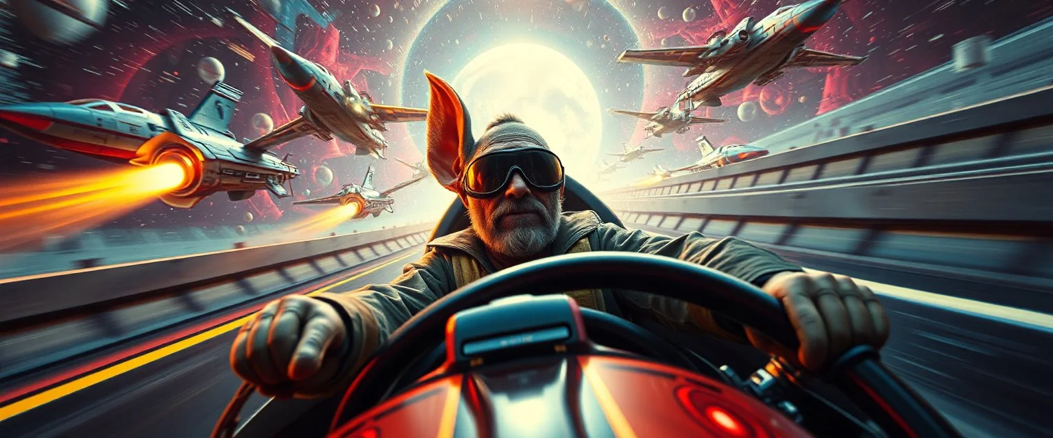 b movie poster, etheral astral weird perspective worried yoga vin diesel legend race car racing with huge g force against spaceships going sideways in ramp driver close up portrait of dj magic kobold gremlin farmer pilot looking down on cam, with background in the style of escher and giger, a chill contrapunctus fugue in the style of fsol, beethoven,