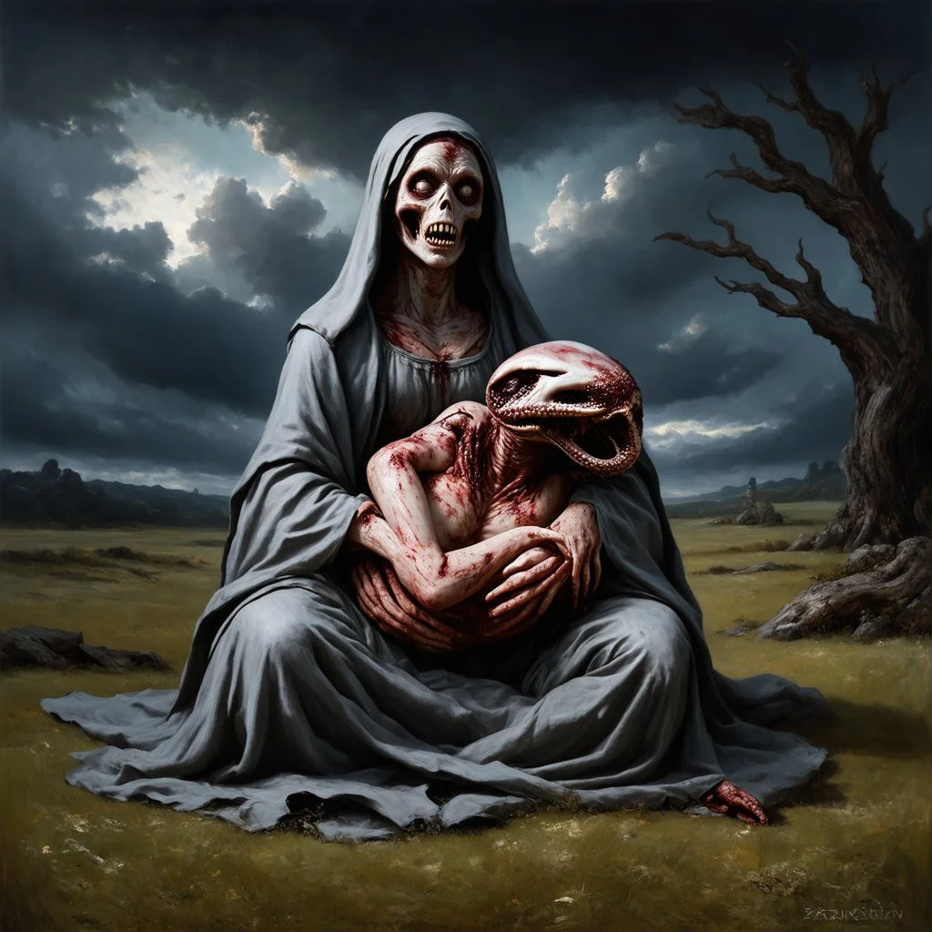 medieval painting depicts a decaying zombie Madonna figure with rotting flesh sitting upright while cradling a grotesque, otherworldly xenomorphic body with multiple tentacles. The zombie Madonna wears tattered, grey robes revealing decomposed skin, while the xenomorphic creature has pale, elongated segments and distorted features. The background shows a dark, twisted landscape inspired by Arnold Bocklin's composition style, with gnarled trees and swirling clouds reminiscent of Hieronymus Bosch