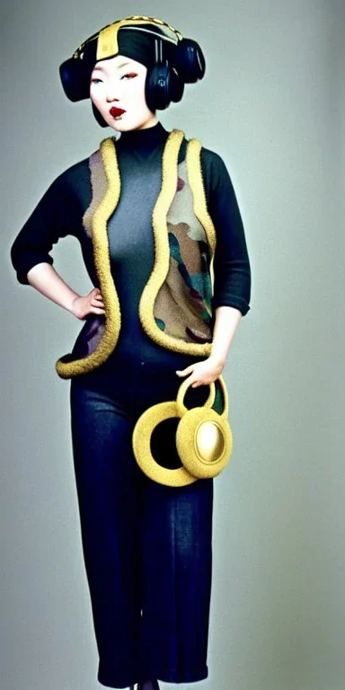 Lively fleshy Asian woman black hair. thick thigh, thick calves. Style: Haute Couture, 1920's, late nineties, street style.Mantle is sewed of recycled Denim and sewed together of camouflage pieces.Big headphones, with gold rings, is merged with small felt cap with small visor. A bag is integrated to the mantle. Patterns are composed of orange, cream, blue, lilac and purple. blue latex somewhere. It is with big bright purple felt tippet and cream-colored-hood. mantle is merged with tippet.