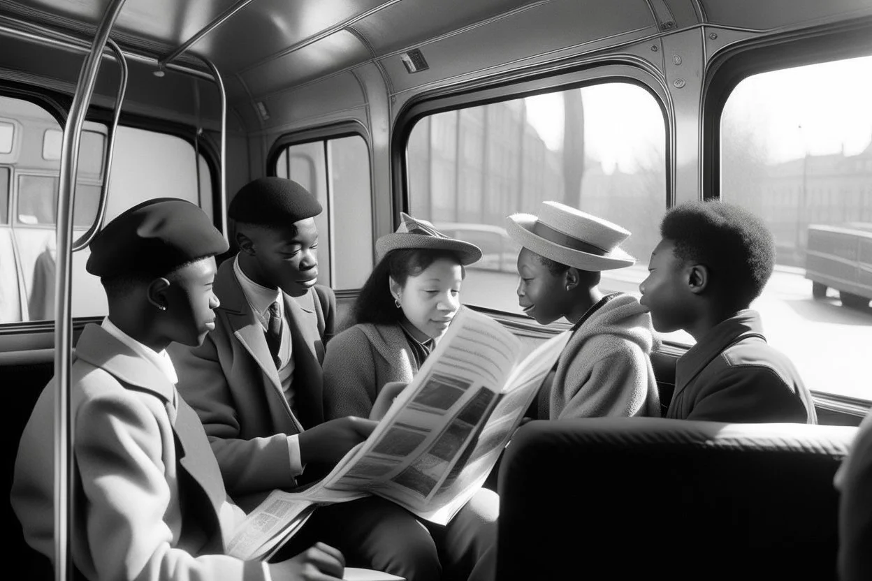 Un grupo de personas felicita el cumpleaños desde las ventanas de un autobús, mientras el conductor lee un libro de poemas, imagen al estilo de la película Paterson, fotografía realizada con una cámara Leina. Objetivo de 35 mm