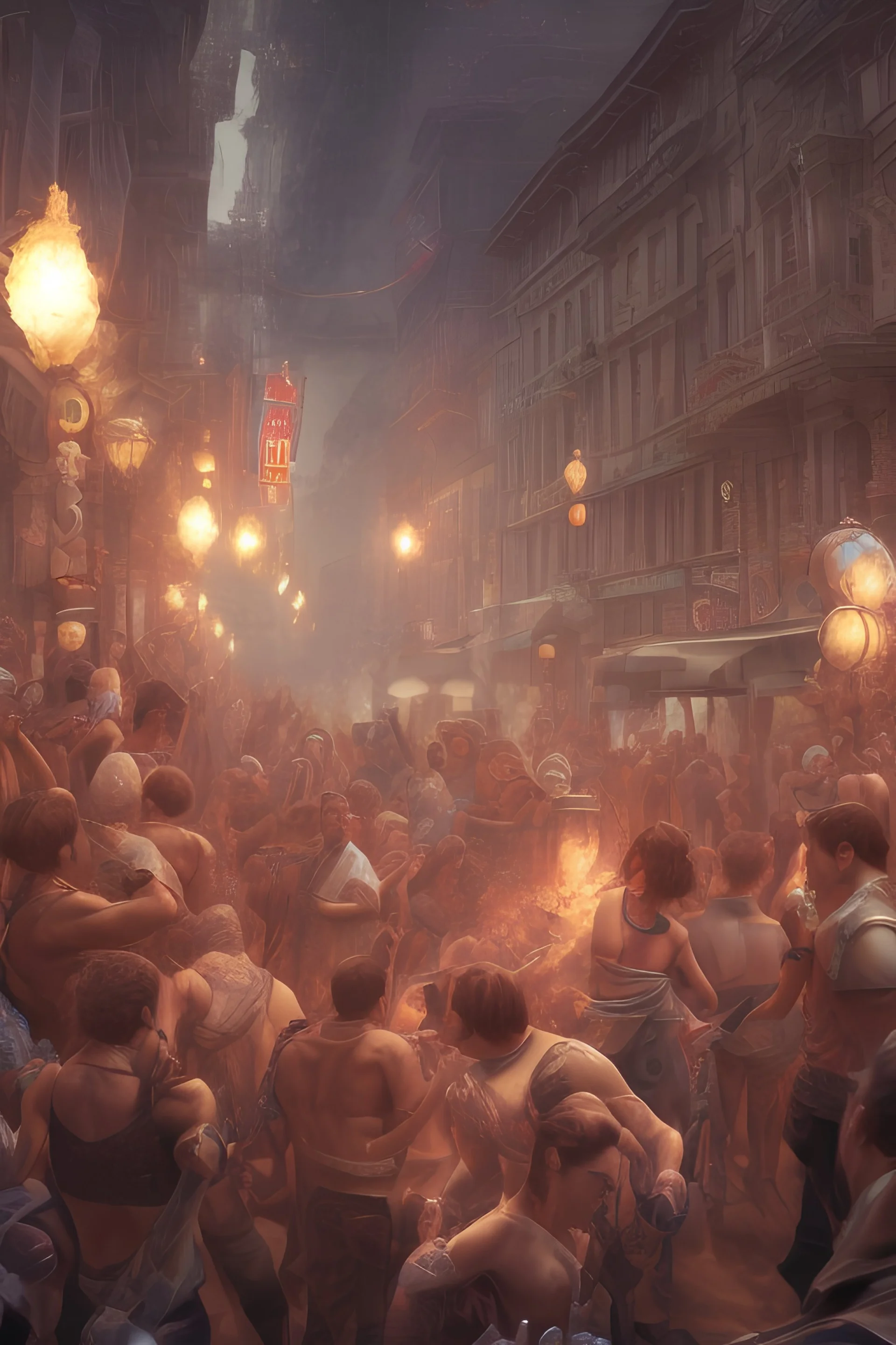"Generate an immersive full body 3D rendering in the '3D Rendering style,' showcasing a male character in a detailed street setting surrounded by his captor and a crowd of people. Use advanced 3D techniques to bring this epic scene to life.