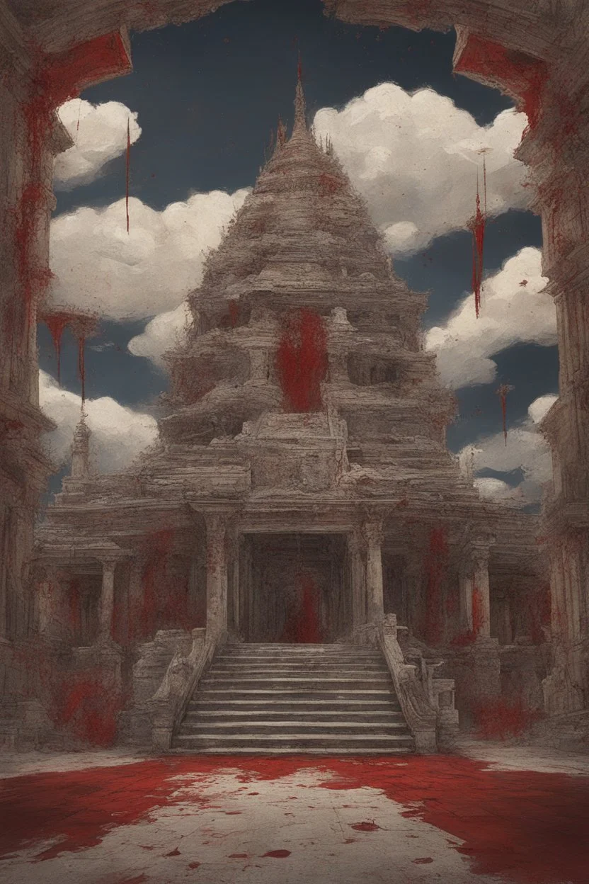 Broken temple with the floor covered in blood, detailed painting, sky of blood