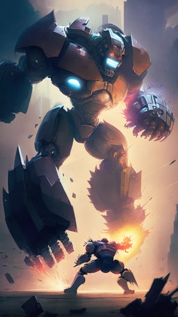 super hero fighting a giant evil robot