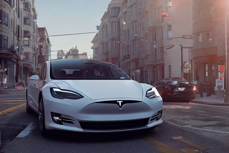 A Tesla 'Model S' is parked, on the streets of San Francisco. (CINEMATIC, WIDE ANGLE LENS, PHOTO REAL)