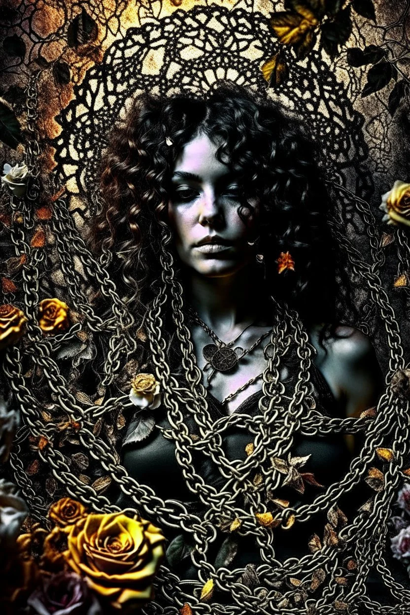 abstract creation of a beautiful woman with black curly hair, surrounded by black roses, thick metal chain broken, glass petals on the ground, autumn colours,dried out thorn bush, chaos,