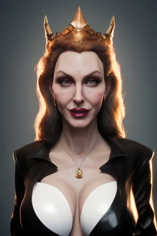 Brandi Love as evil queen in black leather, leather, busty, cleavage, angry, stern look. character design by cory loftis, fenghua zhong, ryohei hase, ismail inceoglu and ruan jia. unreal engine 5, artistic lighting, highly detailed, photorealistic, fantasy