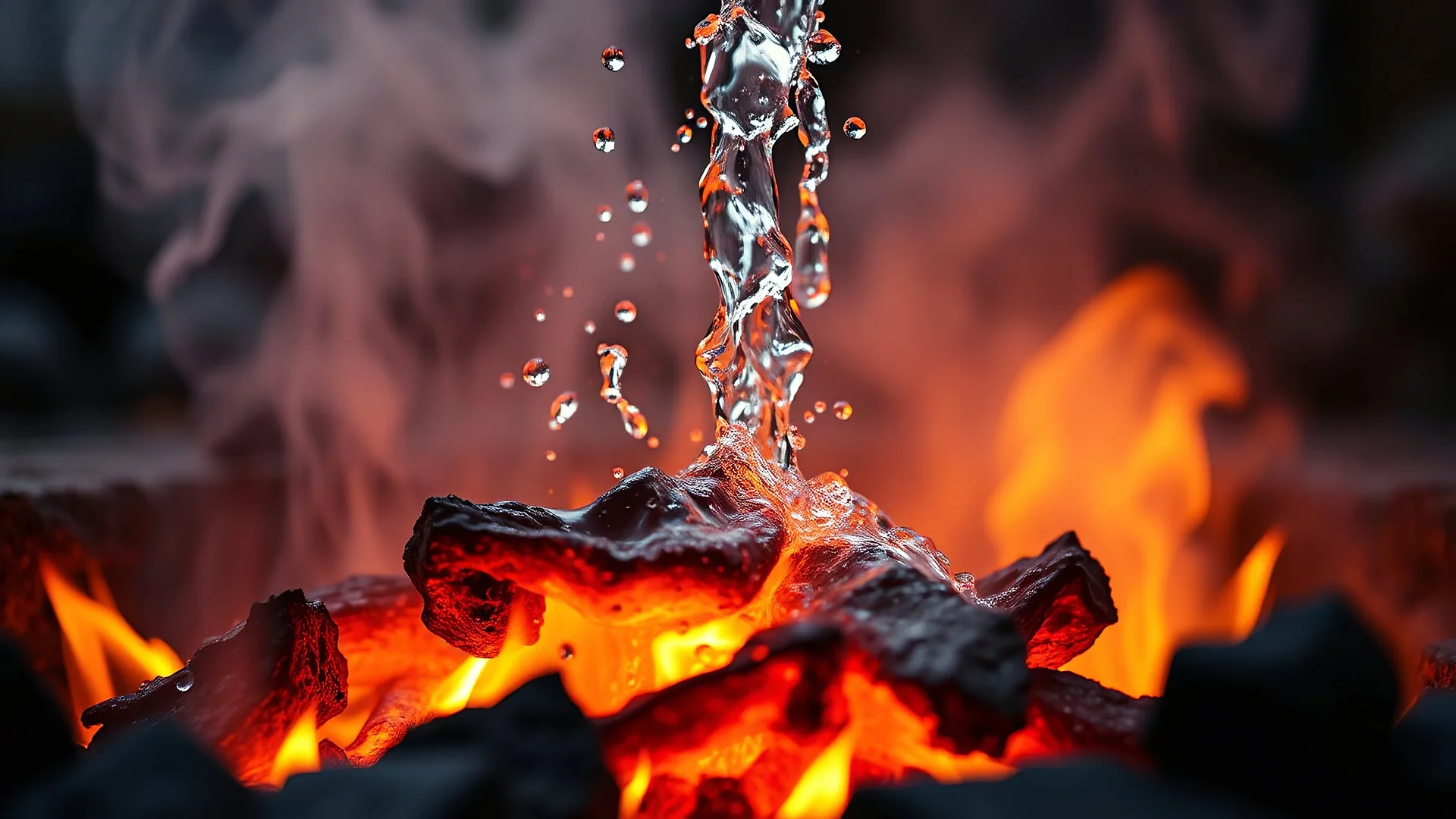 (cartoonic): Slow-motion shots of water pouring over the fire, steam rising.